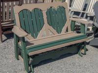 Four-foot poly glider with heart design in back slats in Turf Green and Weathered Wood colors