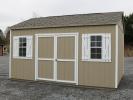 Pine Creek 12x16 HD Peak with PC Clay walls, White trim and White shutters, and Weatherwood shingles